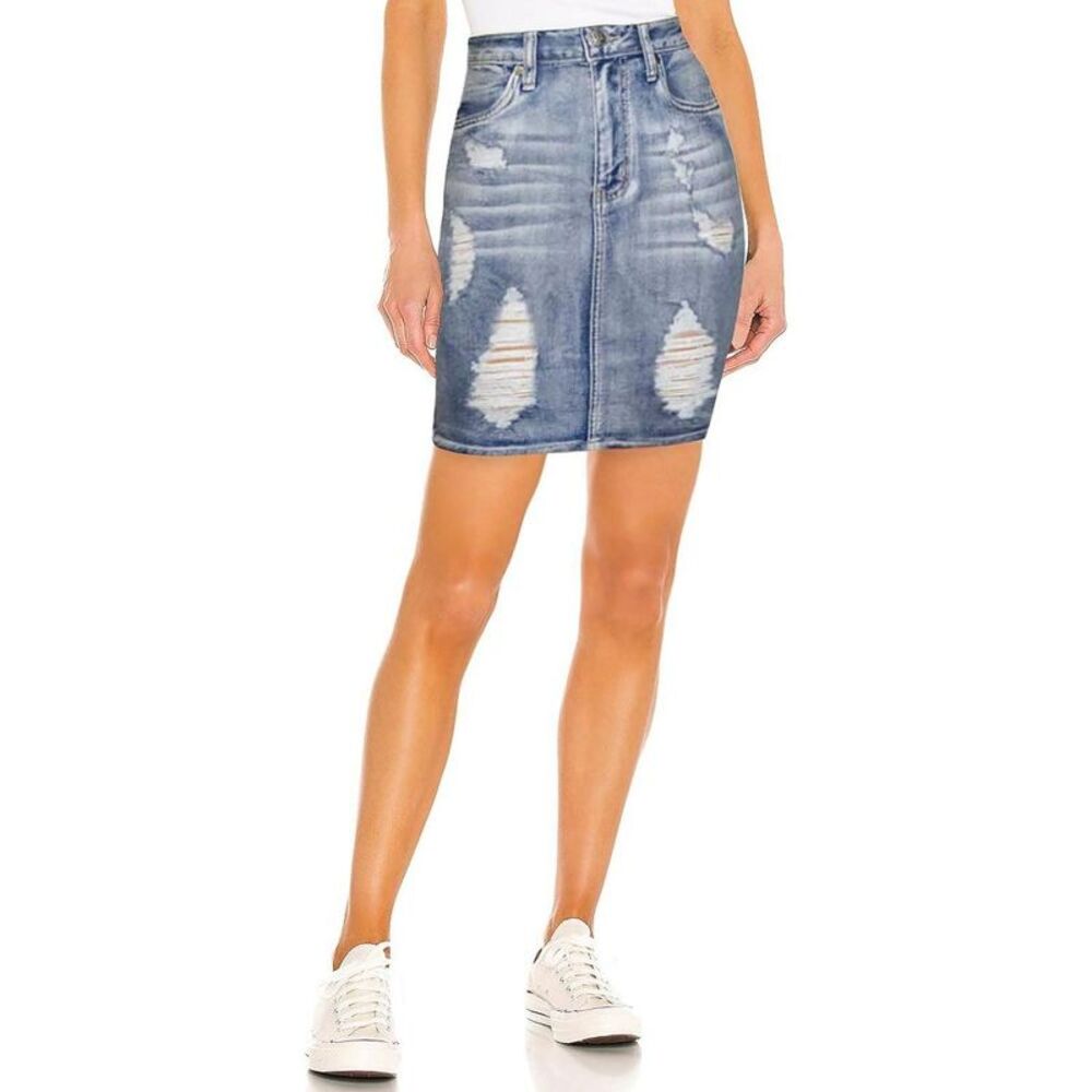 Women's Stretch Pencil Skirt with Pockets - Destructed Denim A-Line 12